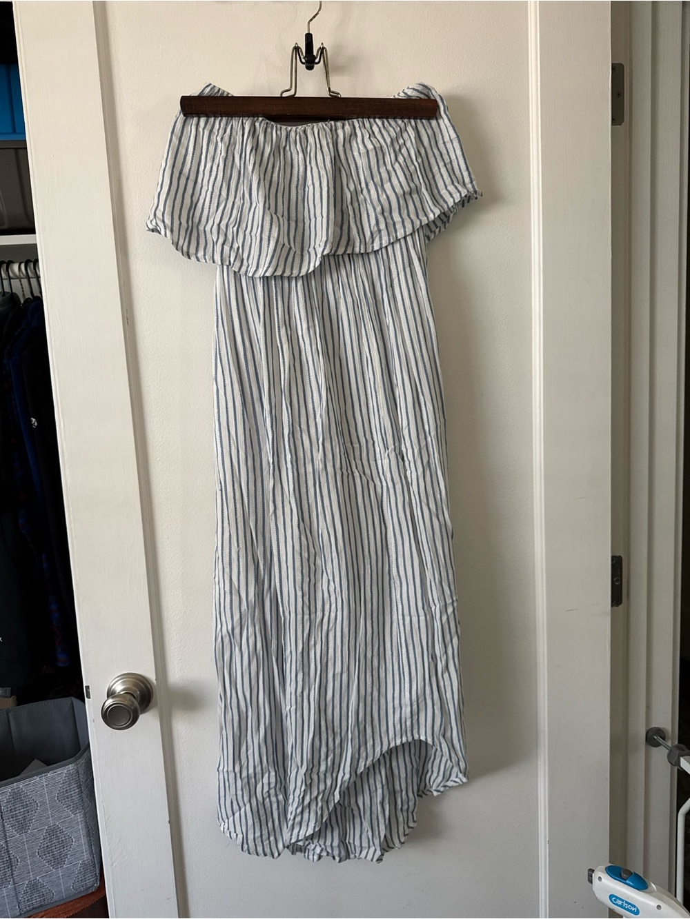 Japna Off-Shoulder White and Blue Striped Jumpsuit